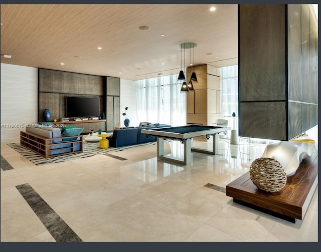 recreation room with floor to ceiling windows, wooden ceiling, and pool table