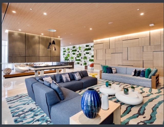 living room with wood ceiling