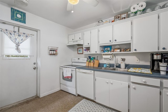 kitchen with white appliances, sink, ceiling fan, and white cabinetry