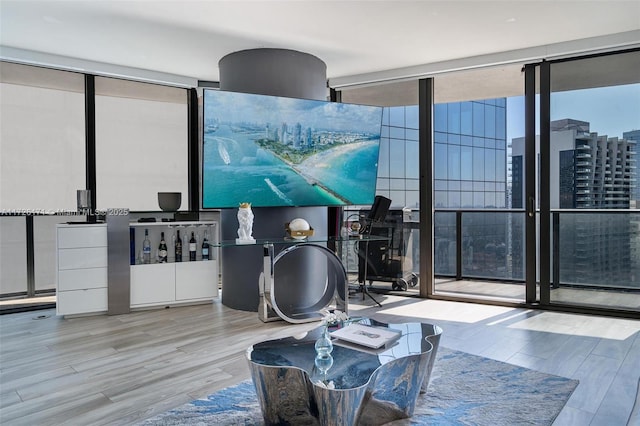 interior space featuring floor to ceiling windows and wood finished floors