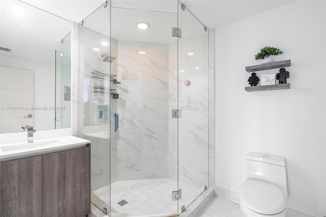 bathroom with recessed lighting, toilet, vanity, visible vents, and a marble finish shower