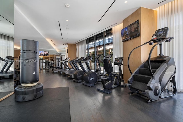 workout area featuring floor to ceiling windows and wood finished floors