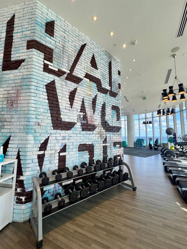 exercise room with dark hardwood / wood-style floors and expansive windows