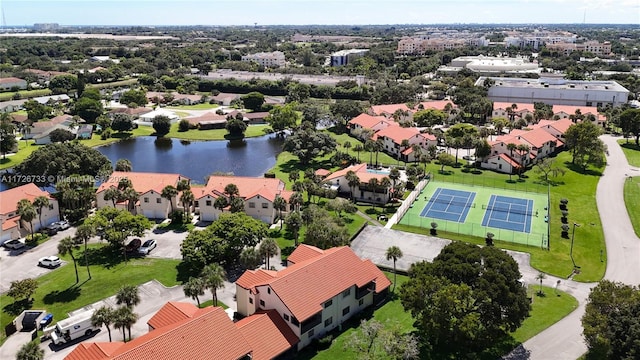 aerial view featuring a water view