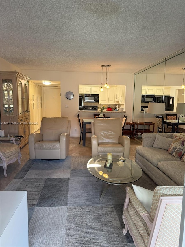 living room with a textured ceiling