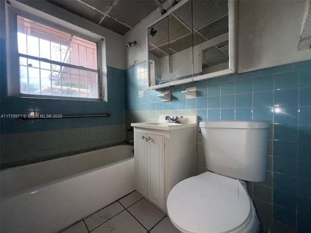 full bathroom with toilet, tile walls, shower / bath combination, tile patterned floors, and vanity