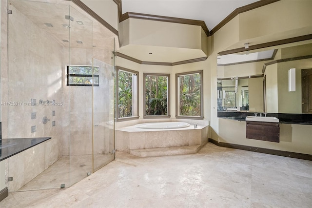 bathroom featuring shower with separate bathtub, vanity, and crown molding