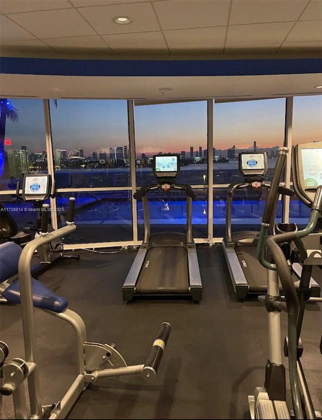 exercise room with a paneled ceiling and a wall of windows