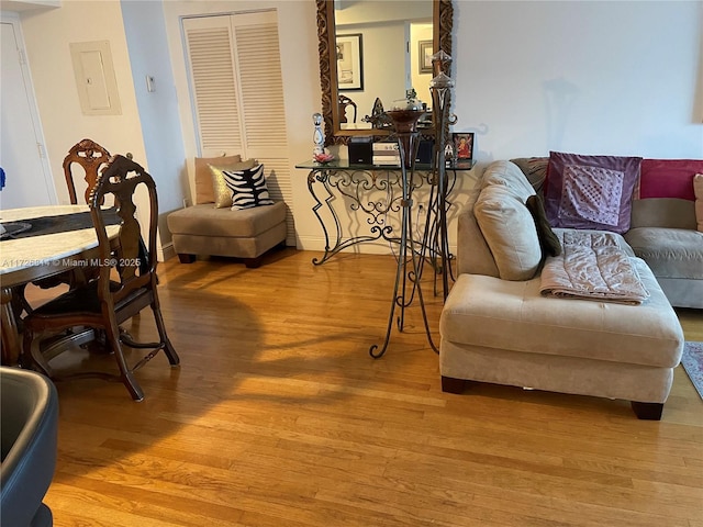 living room with electric panel and light wood-type flooring