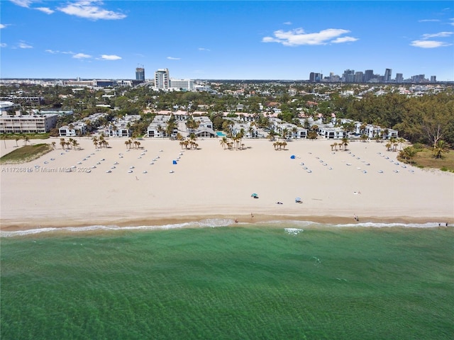 aerial view featuring a beach view and a water view