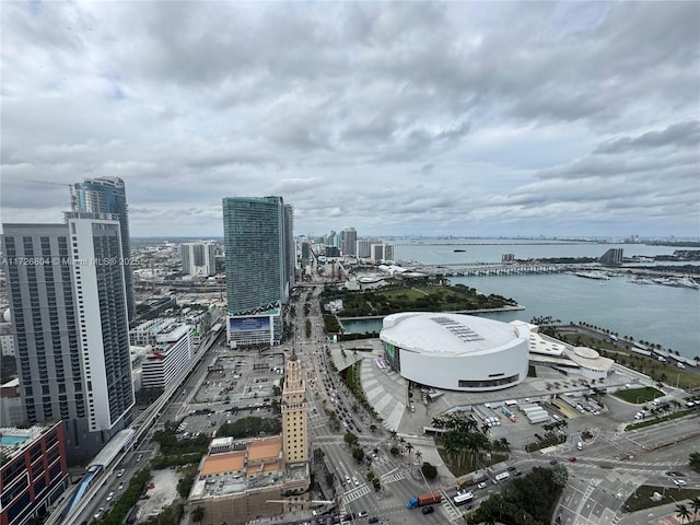 bird's eye view with a water view