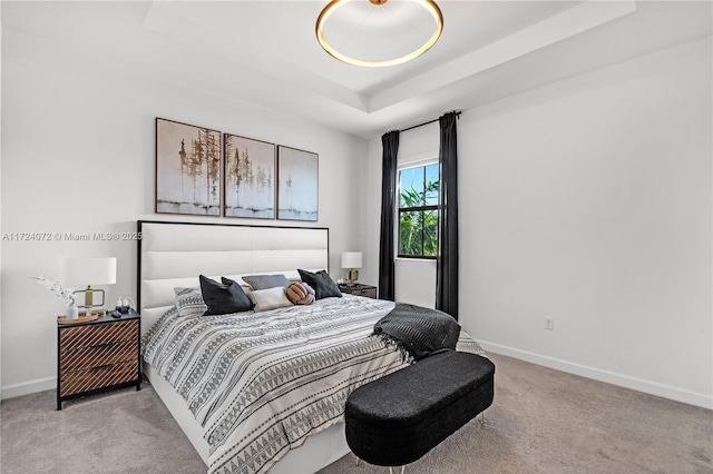 carpeted bedroom featuring a tray ceiling