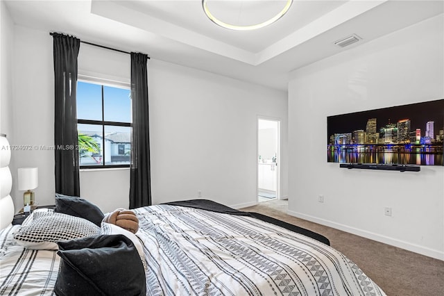 bedroom with ensuite bath, a raised ceiling, and carpet floors