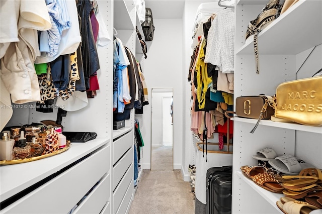 walk in closet featuring light carpet