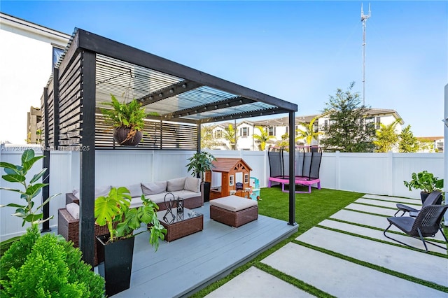 view of patio / terrace with an outdoor hangout area, a pergola, and a deck