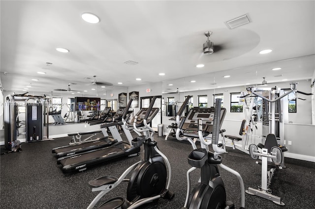 gym featuring ceiling fan