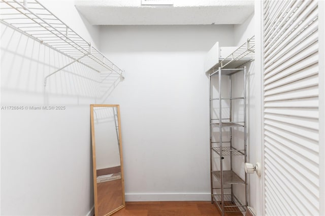 walk in closet with wood finished floors