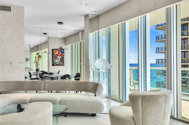 living room with a water view