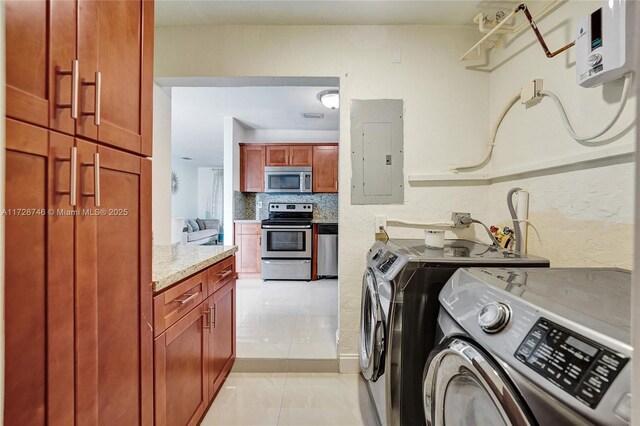 kitchen with stainless steel appliances, tasteful backsplash, ceiling fan, light stone counters, and light tile patterned floors