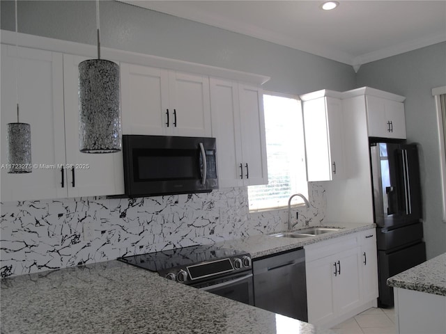 kitchen featuring dishwasher, white cabinetry, sink, range with electric stovetop, and fridge with ice dispenser