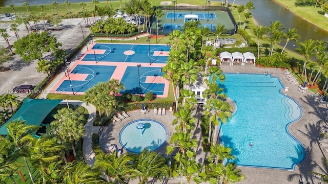 birds eye view of property featuring a water view