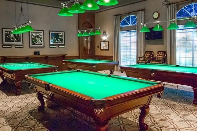 rec room with light carpet and pool table