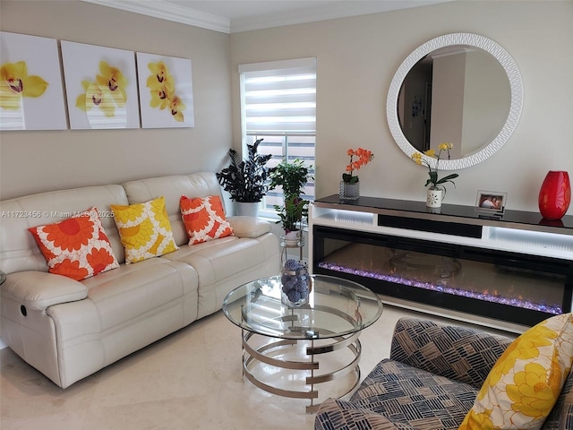 living room with ornamental molding and light tile patterned flooring