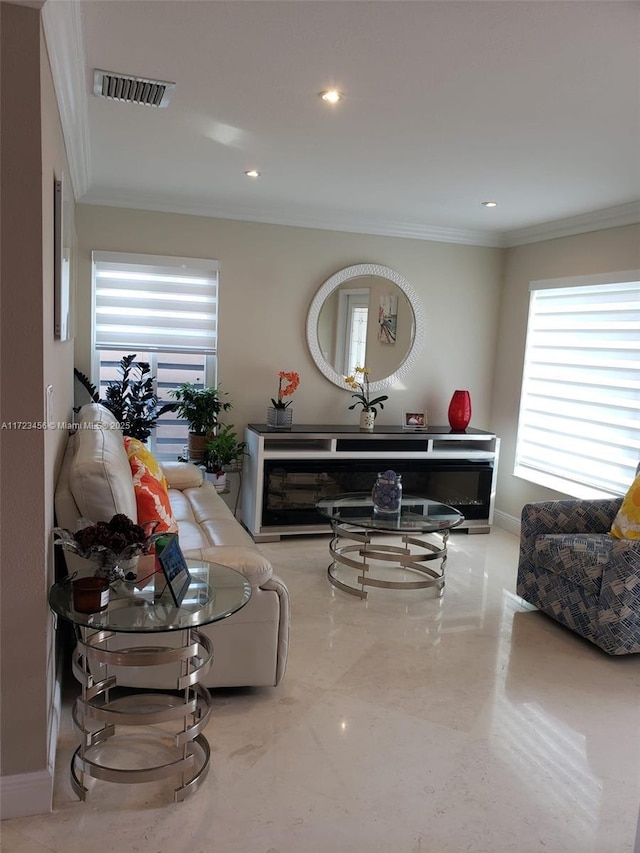 living room featuring crown molding