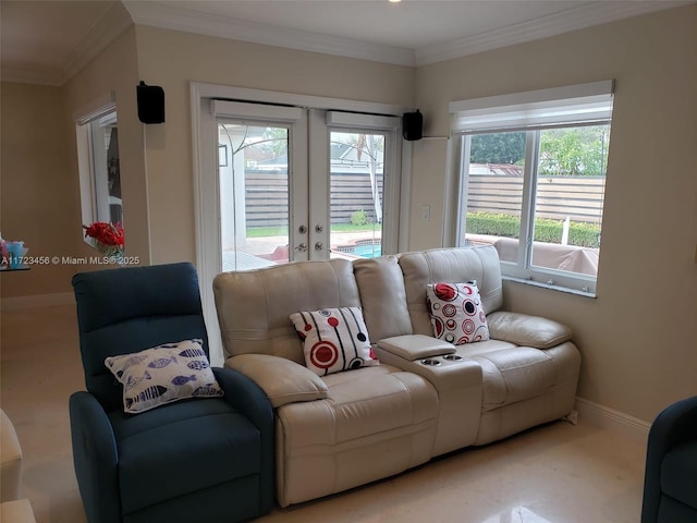 living room with french doors and ornamental molding