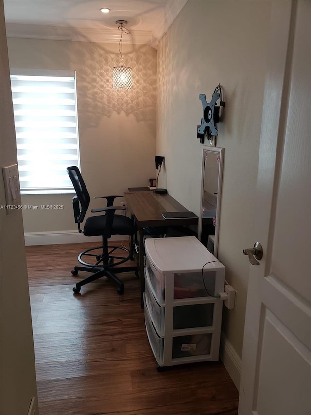 office space with dark wood-type flooring