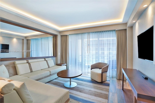 living room featuring wood-type flooring and a tray ceiling