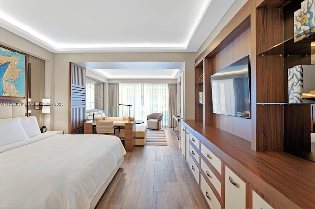 bedroom with dark wood-type flooring and a raised ceiling