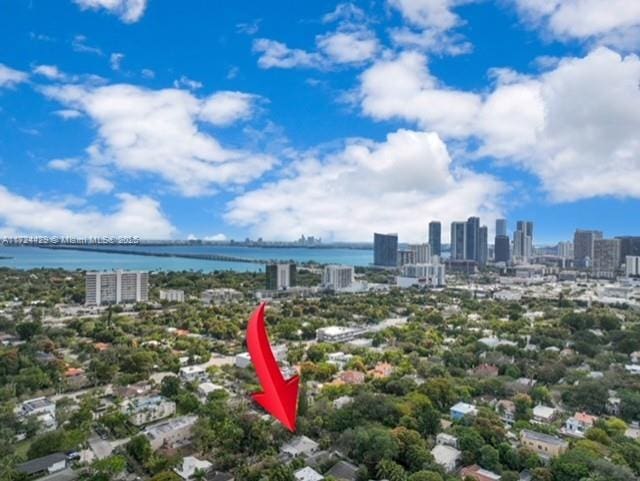 bird's eye view with a water view and a city view