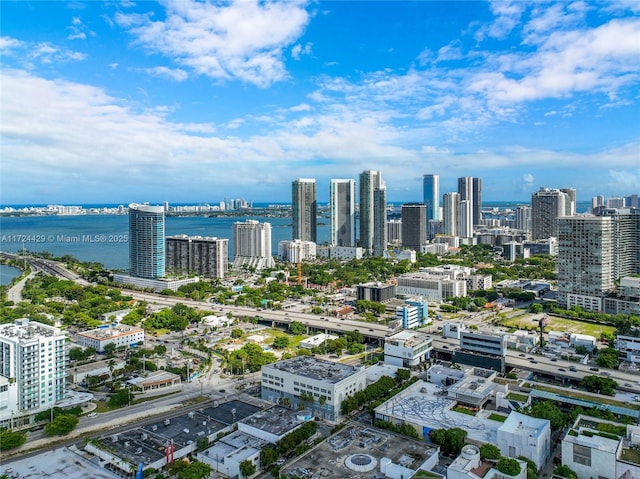 bird's eye view featuring a water view and a city view