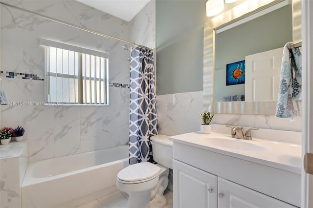 full bathroom with toilet, vanity, shower / bathtub combination with curtain, and tile walls