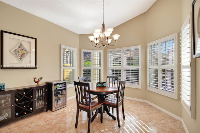 tiled dining room featuring vaulted ceiling, a textured ceiling, a notable chandelier, and beverage cooler