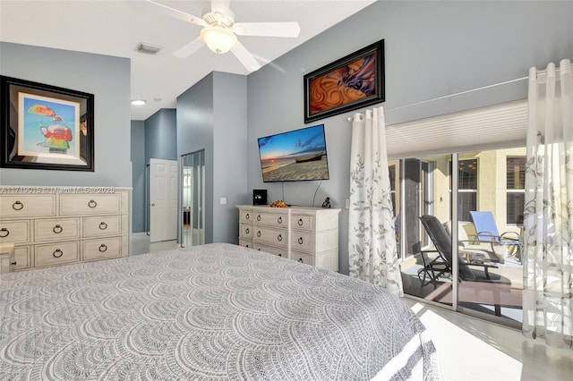 bedroom featuring access to outside and ceiling fan