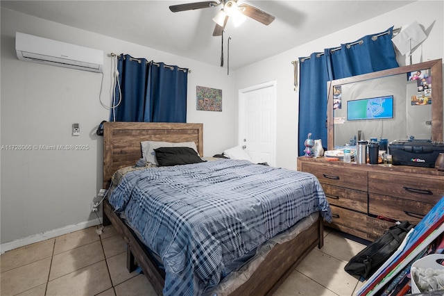 tiled bedroom featuring ceiling fan and a wall unit AC