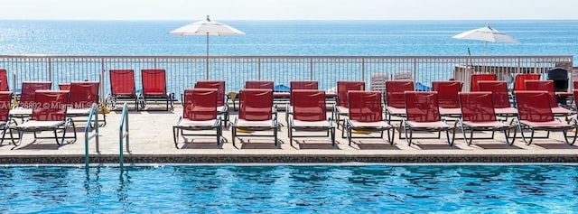 view of pool with a water view