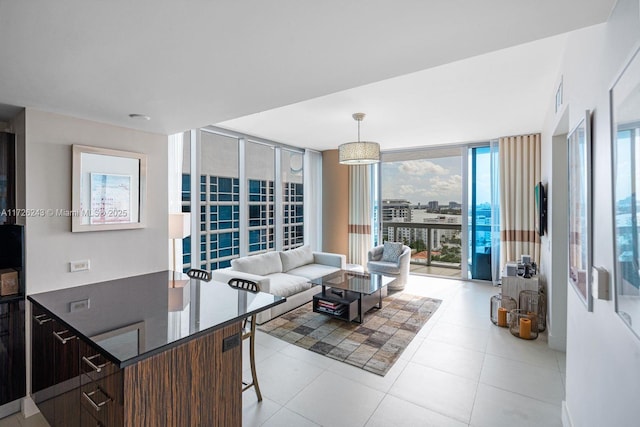 tiled living room with expansive windows