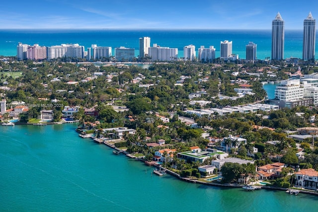 aerial view featuring a water view