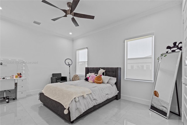 bedroom with ceiling fan and crown molding