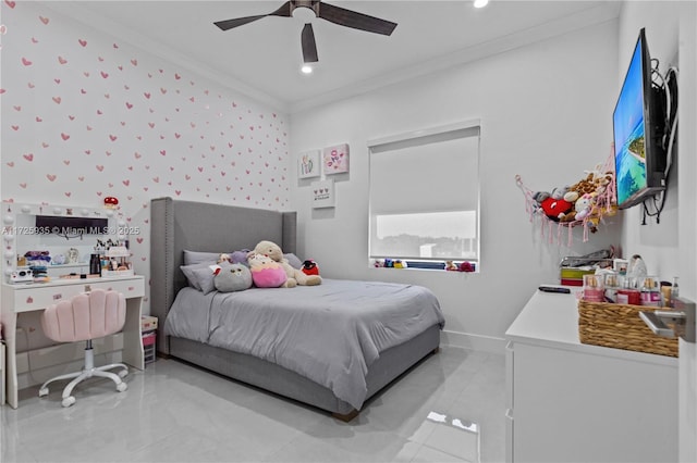 bedroom featuring ceiling fan and ornamental molding