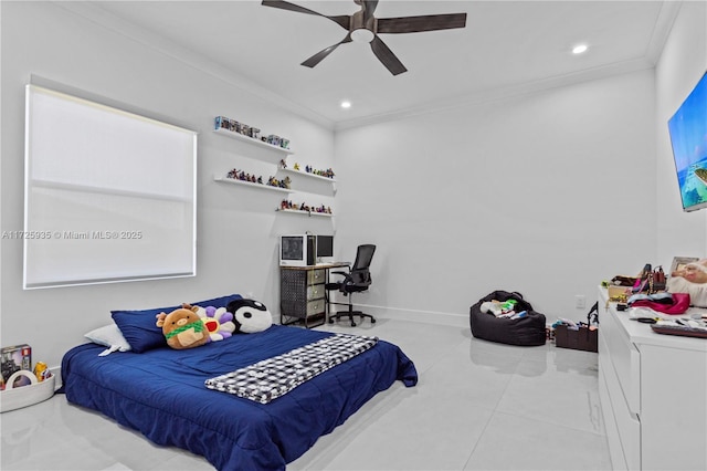 bedroom featuring ceiling fan and crown molding