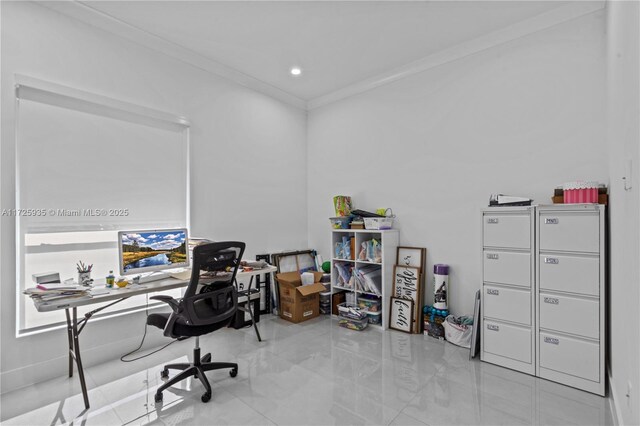 office area featuring crown molding