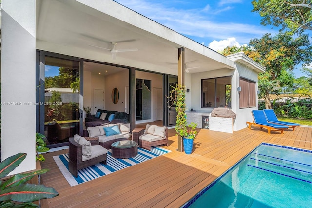 exterior space with ceiling fan and an outdoor living space