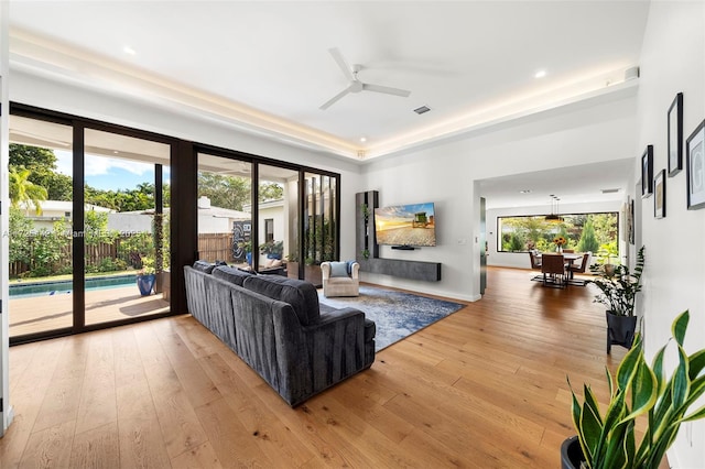 living room with ceiling fan, light hardwood / wood-style floors, and a wealth of natural light