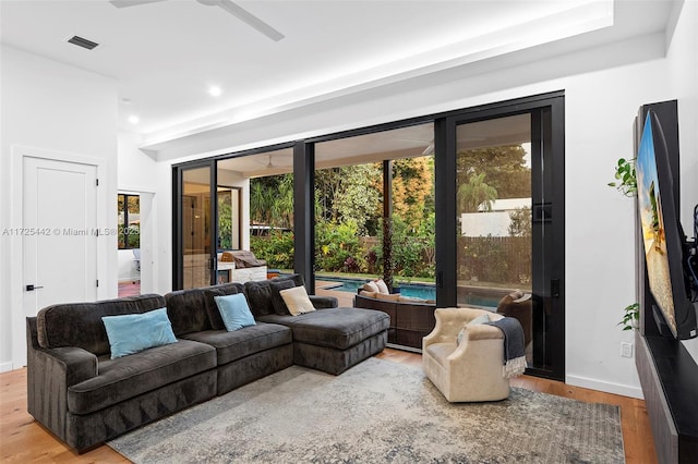 living room with ceiling fan and wood-type flooring