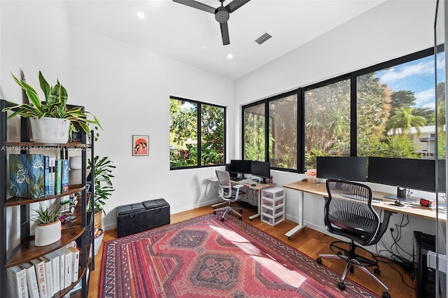 office area featuring ceiling fan and hardwood / wood-style floors