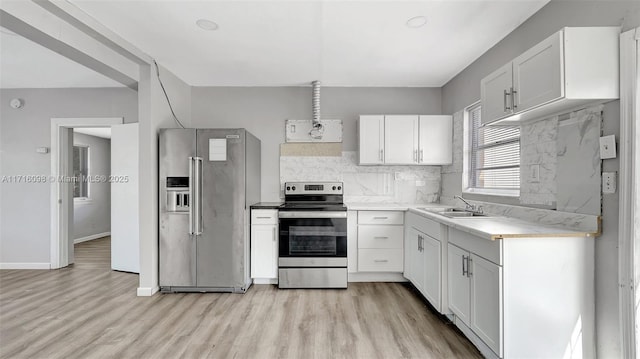 kitchen featuring white cabinets, appliances with stainless steel finishes, tasteful backsplash, sink, and light hardwood / wood-style flooring